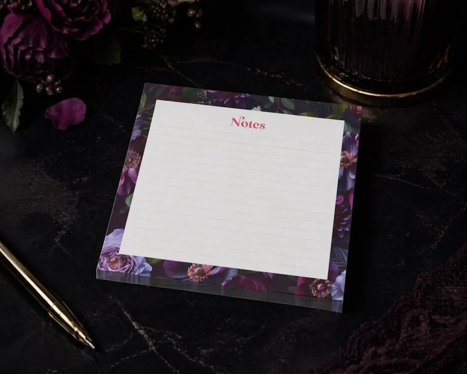 Dark Academia Black and Purple Floral Post-it® Sticky Lined Note Pads
