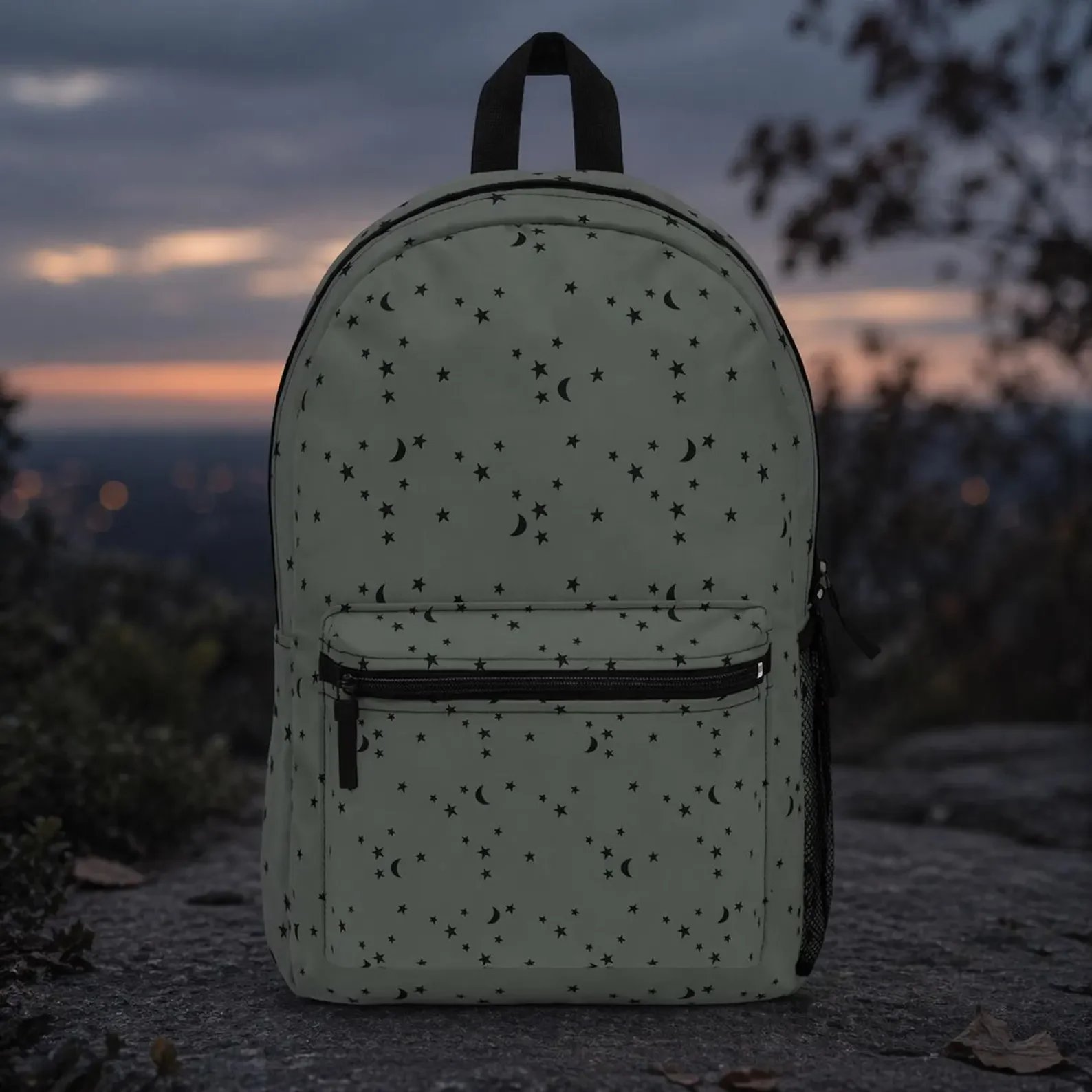 Olive Green Celestial Moon and Star Waterproof Backpack for Hiking or School