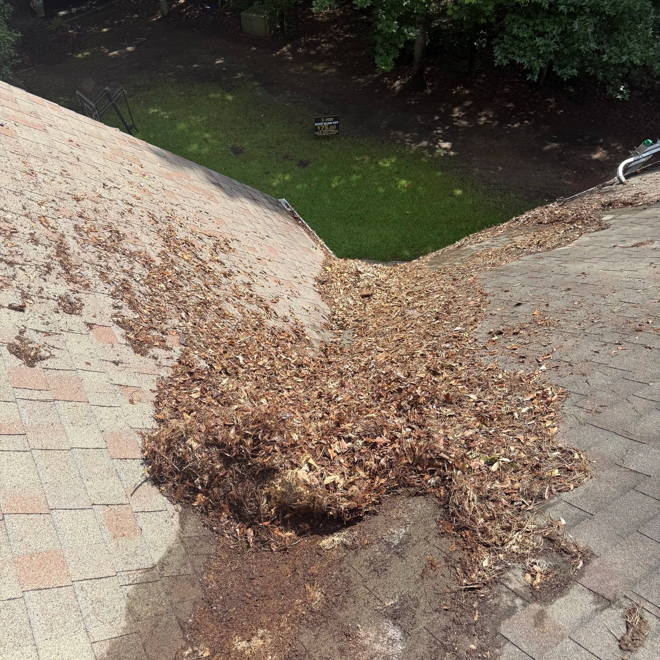 Armor Exteriors technician blowing leaves and debris from a residential roof during preventative roof maintenance in Upstate South Carolina.