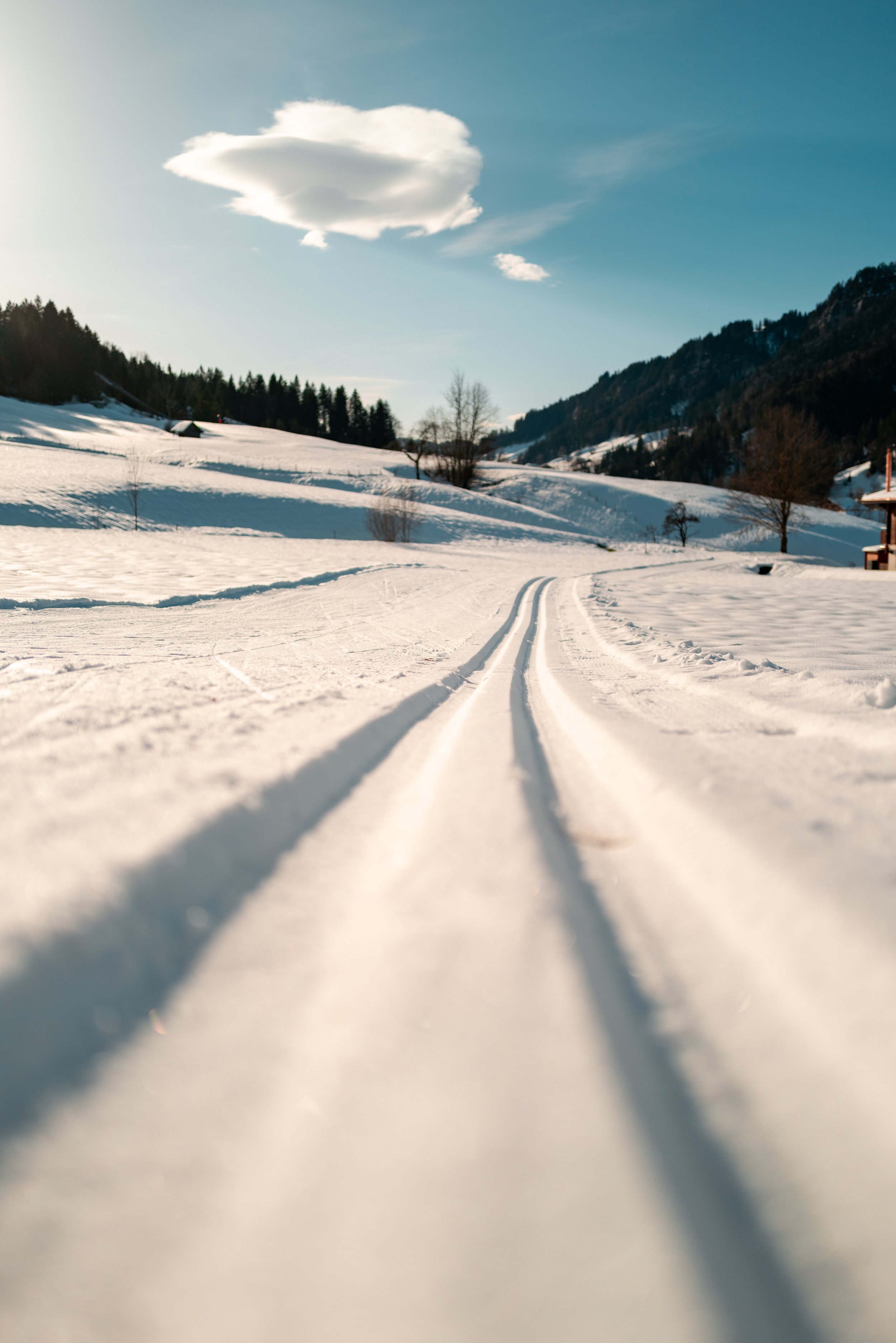 Snow-covered landscape with tire tracks, trees, mountains in the distance, and a partly cloudy blue sky with a large cloud.
