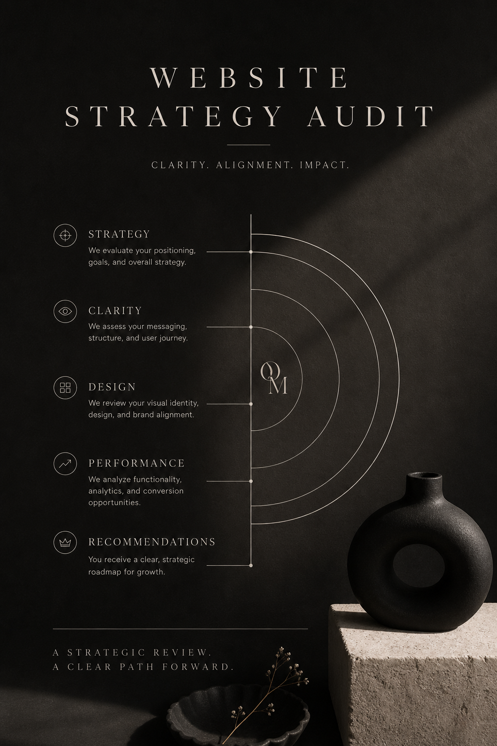 Black background with white text and a black ceramic vase on a concrete block, promoting website strategy audit services.