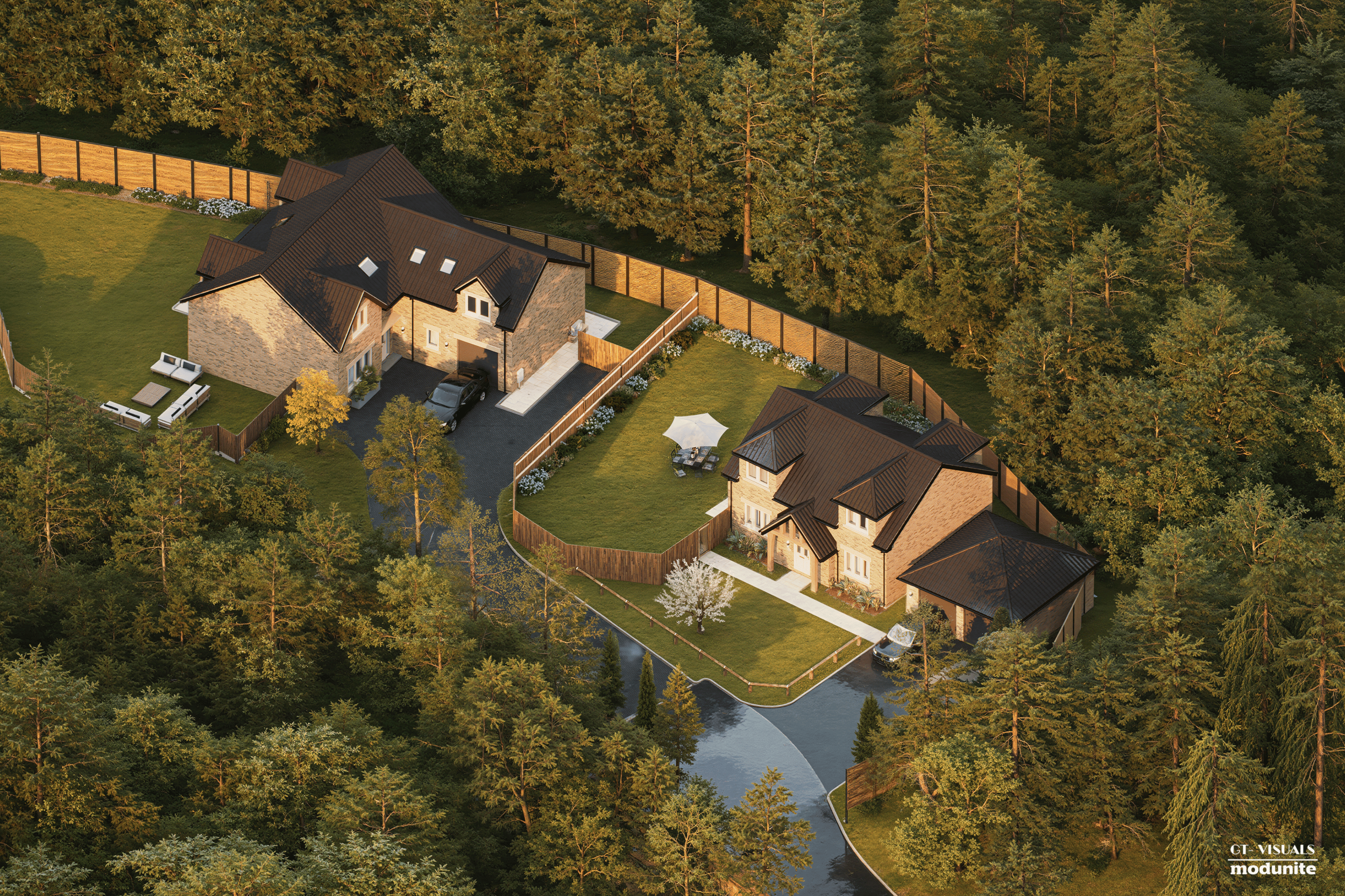 An aerial view of a suburban house surrounded by a wooden fence, with a driveway and a black car parked near the front door. The backyard features a lawn, outdoor seating area with a white umbrella, and various trees, all enclosed by a wood fence. The house has a dark roof and brick exterior, and there are dense forest trees behind the property.