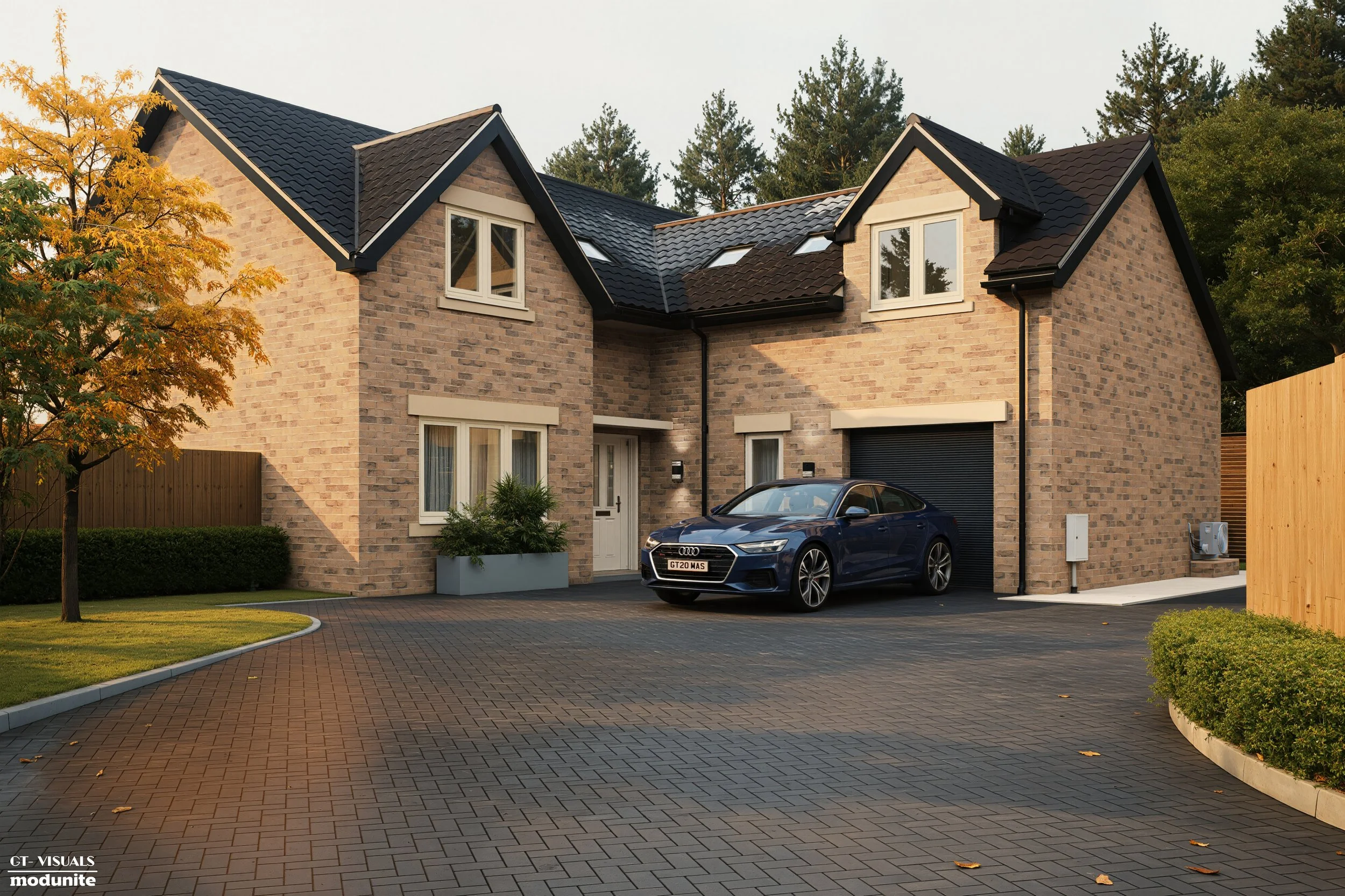 Side view of a modern two-story brick house with a black garage door, black roof, and a black and blue car parked in the driveway. The house has several windows, some with white window frames, and a small porch with a white door. There is a tree with