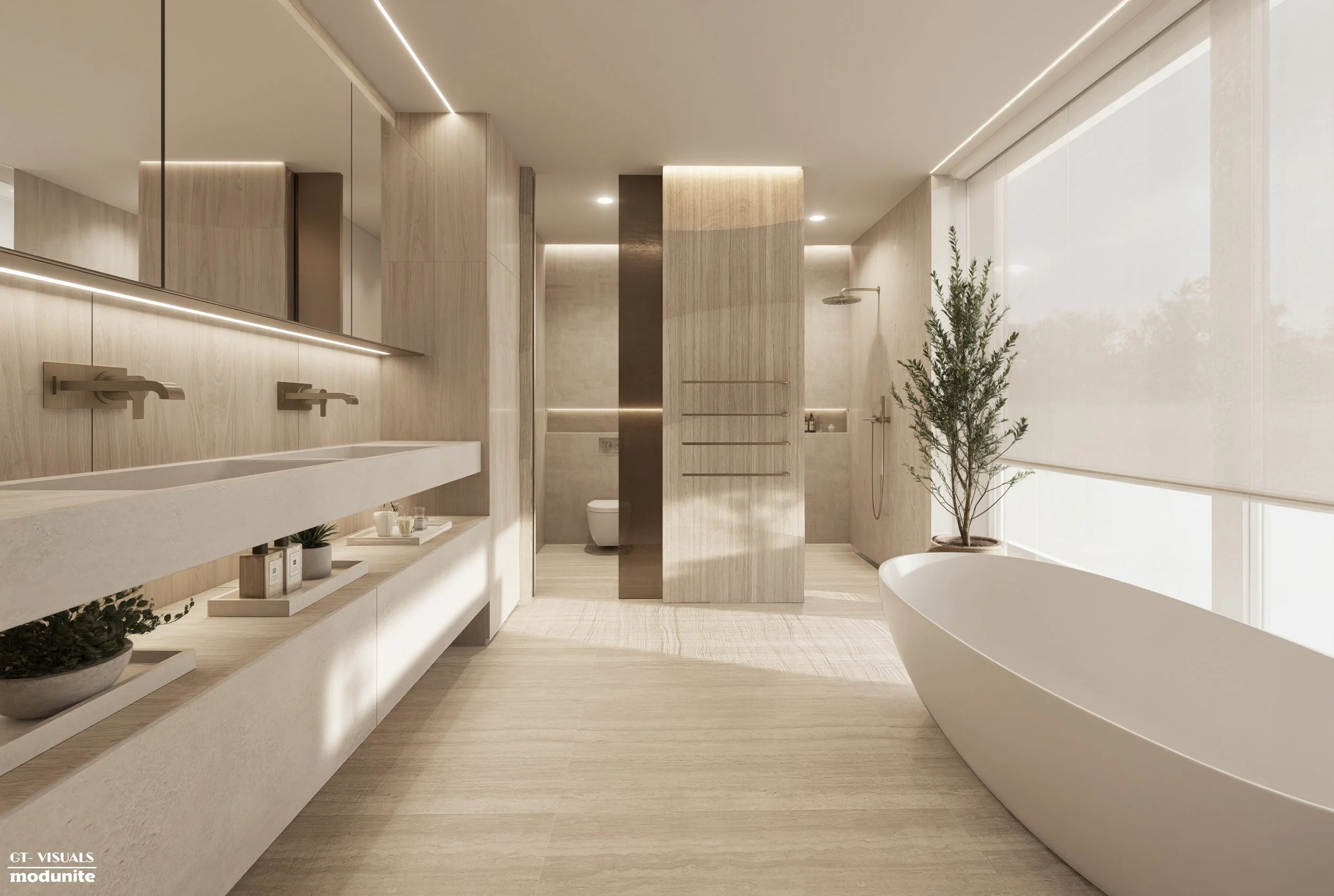 A modern bathroom with light wood panels, a large mirror, a white countertop with two sinks and faucets, a built-in shelf with decor items, a freestanding bathtub, and a large window with natural light.