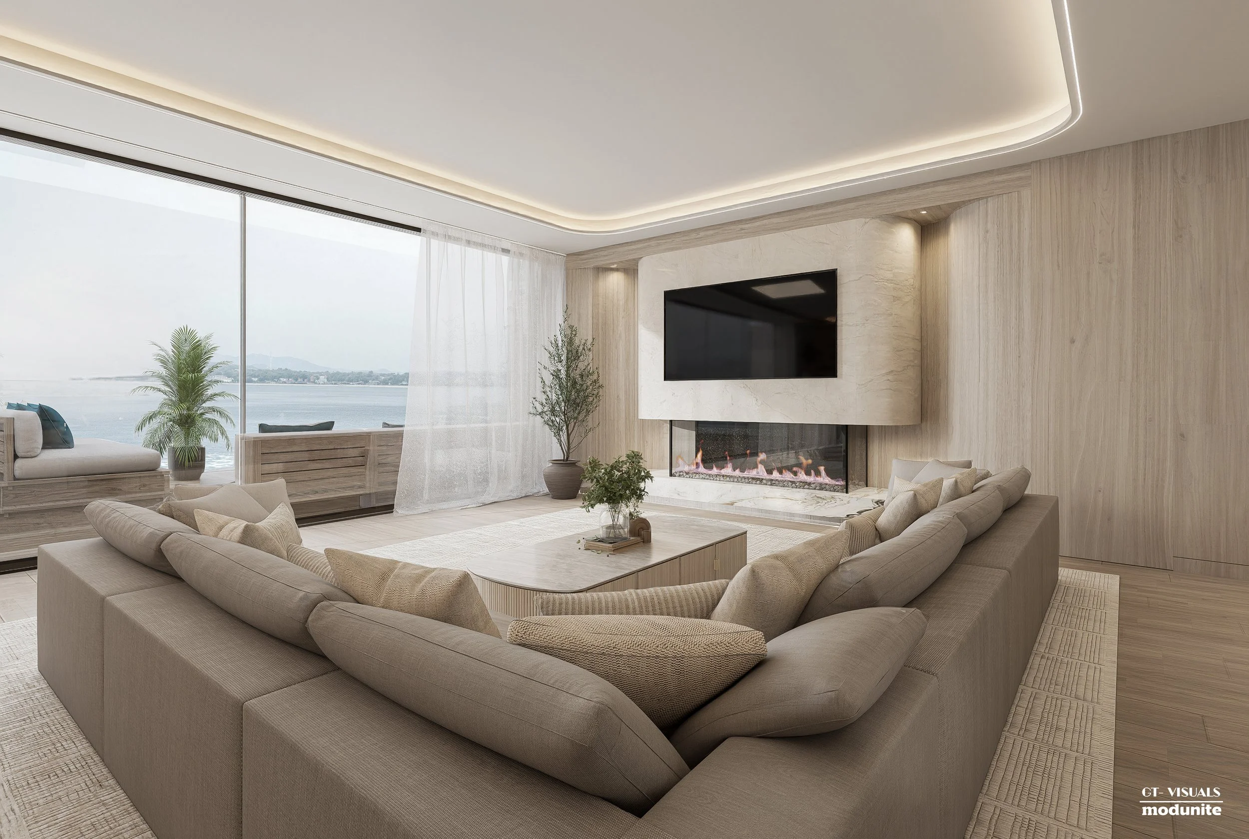 Modern living room with beige sectional sofa, marble fireplace, flat-screen TV, and large window overlooking water and landscape with sheer curtains and indoor plants.
