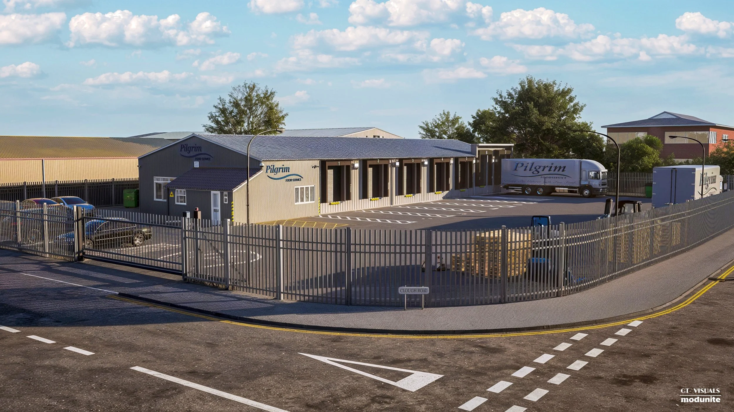 A parking lot and building labeled 'Pilgrim Food Service' with trucks and cars parked, surrounded by a fencing and street lamps, under a blue sky with scattered clouds.
