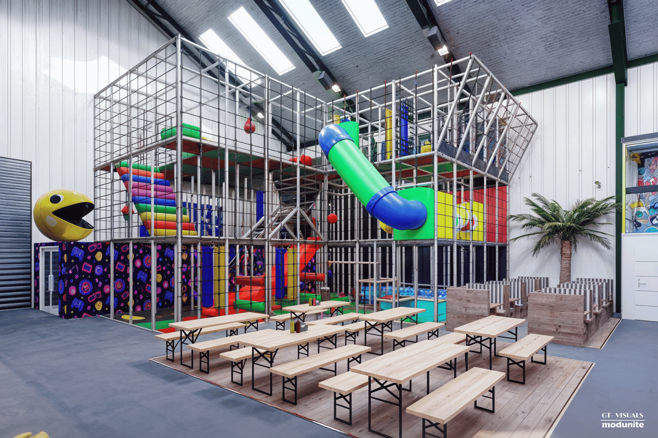 Indoor playground with climbing structure, slide, Pac-Man-shaped decoration, and benches for seating.