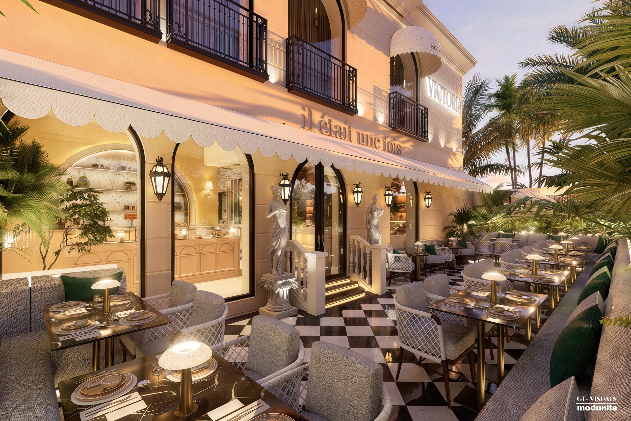 Upscale restaurant with elegant decor, outdoor seating area, large windows, statues, greenery, and warm lighting at sunset.