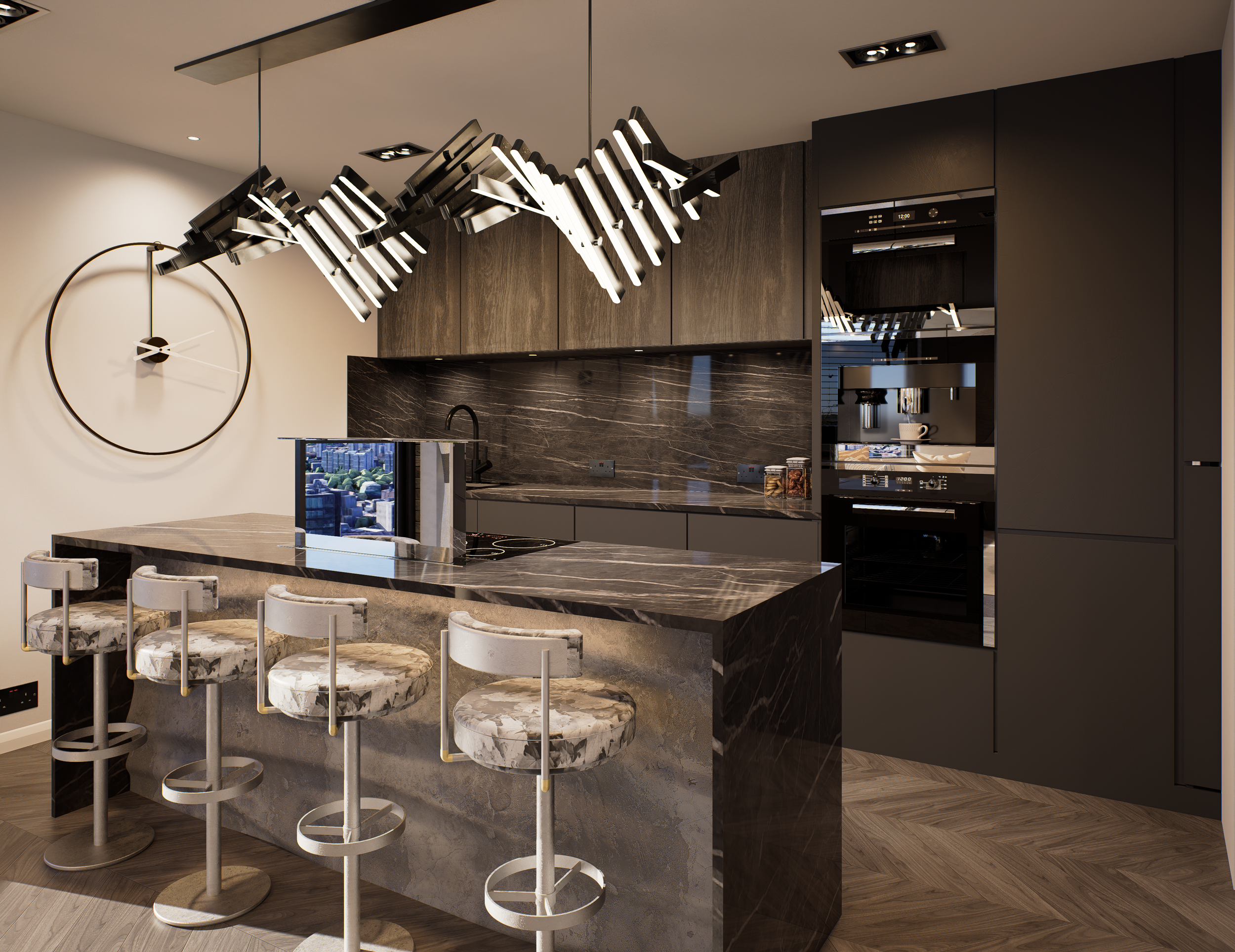 Modern kitchen with dark wood cabinets, black marble countertops, a black oven, and a unique black and white lighting fixture above the island. Barstools with floral-patterned cushions around the breakfast bar.