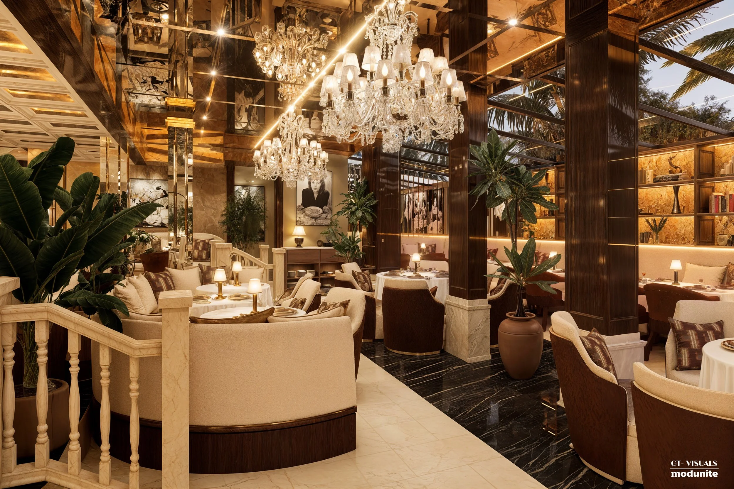 Elegant restaurant interior with crystal chandeliers, wooden columns, and lush green plants, featuring cozy seating and modern decor.