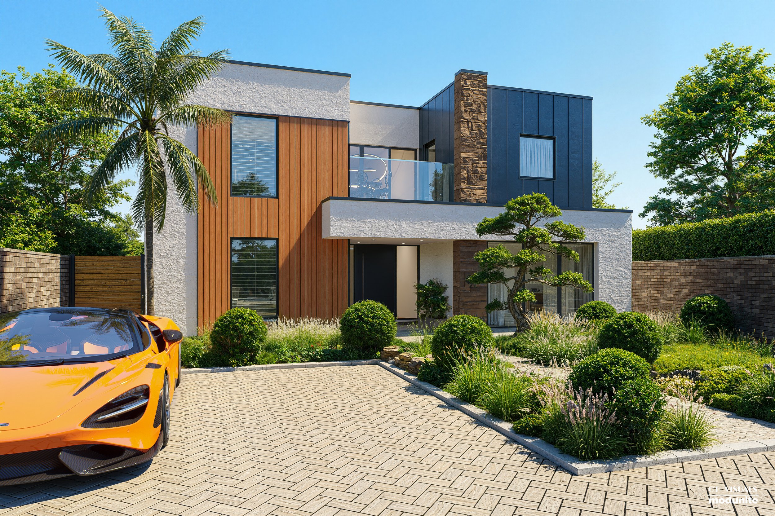 Modern two-story house with a mix of white, wood, dark blue siding and stone accents, surrounded by lush plants and trees, with an orange sports car parked in the driveway.