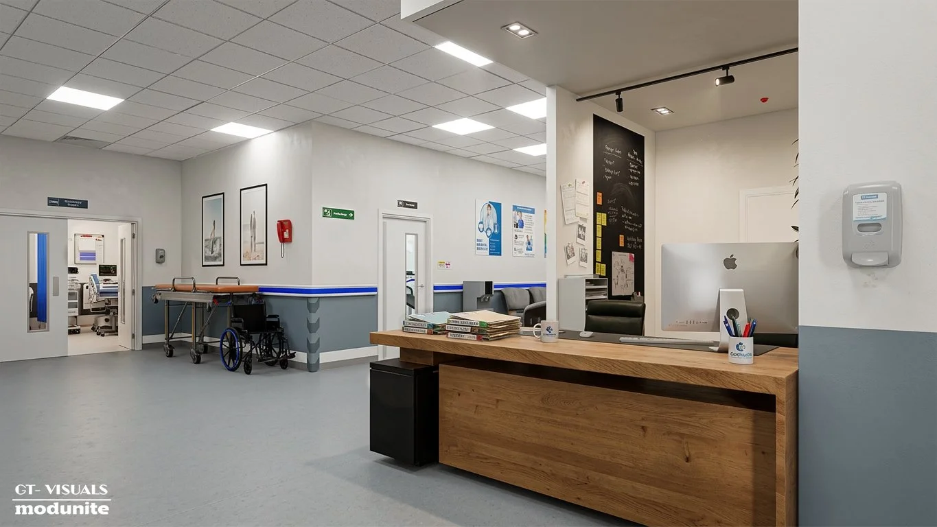 Hospital reception area with a wooden desk, computer, and pens. There are medical doors and waiting area with chairs, a wheelchair, and medical posters on the wall.