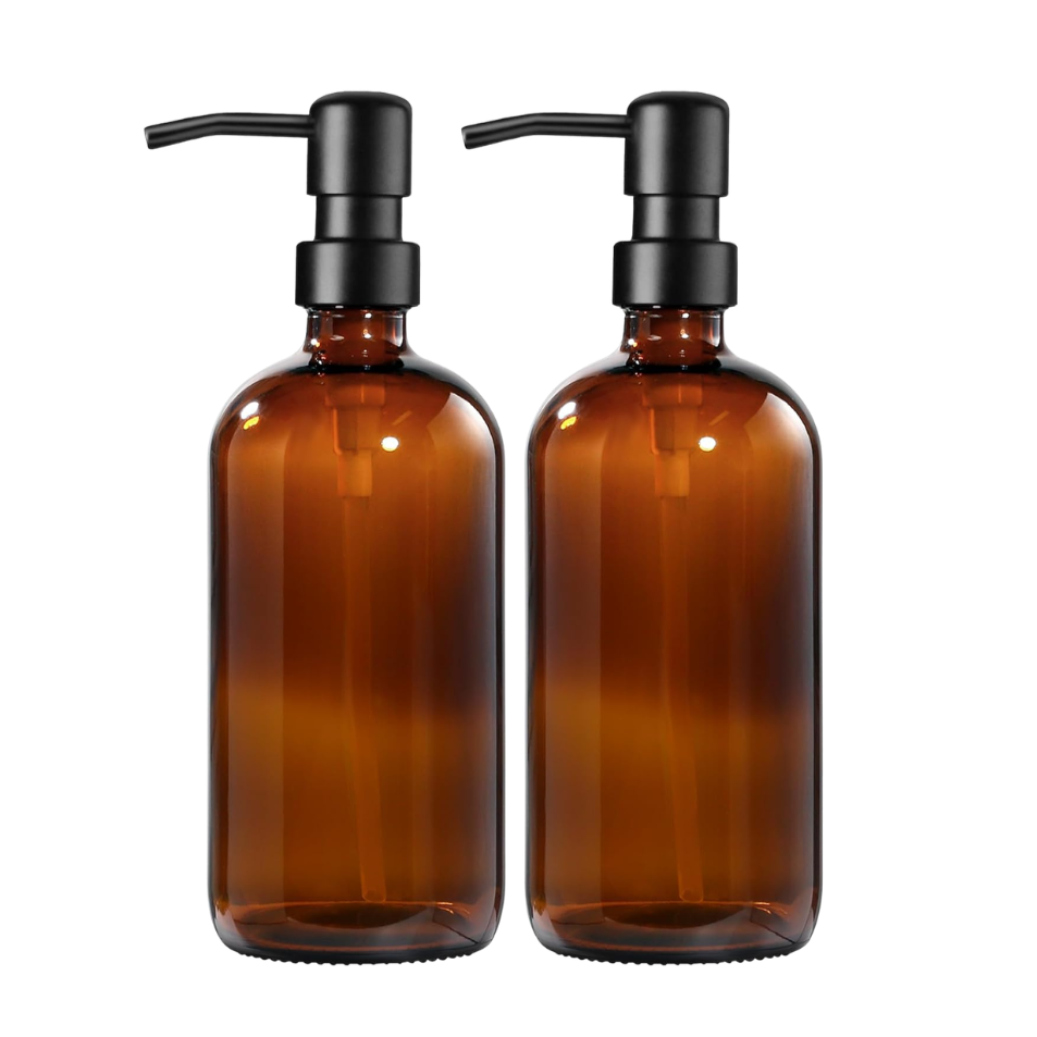 amber-glass-soap-dispensers-with-black-pumps-organic-modern-kitchen-sink-organization
