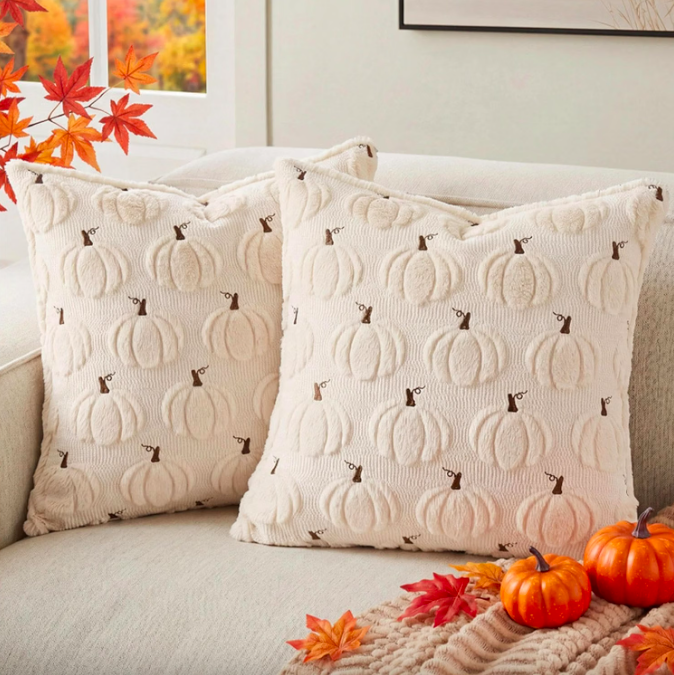 Fall Beige Pillow Covers 18x18 Set of 2 Double-Sided Pumpkin Plush | Boho farmhouse comfort with raised Autumn pumpkin embroidery, designed for living rooms.png