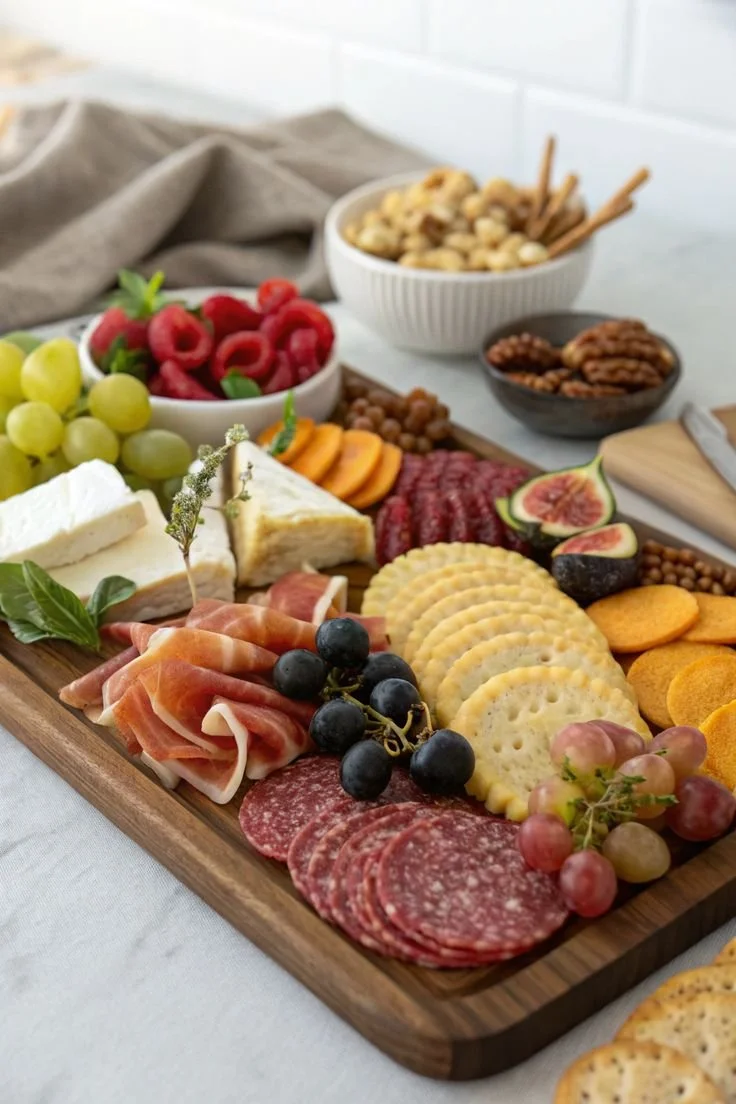 An overhead view of a wooden cheese board filled with sliced cheddar and brie cheese, round crackers, red grapes, almonds, and a white ceramic bowl filled with a creamy dip or spread.