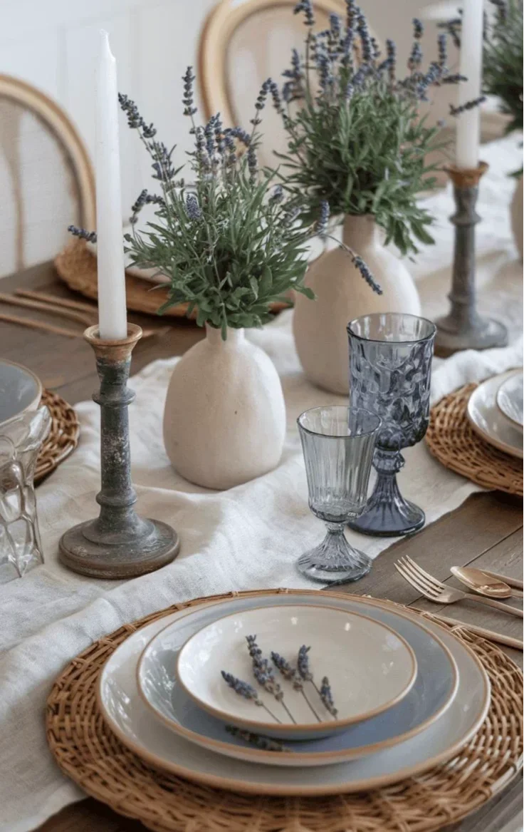 minimalist table setup with lavender and candle