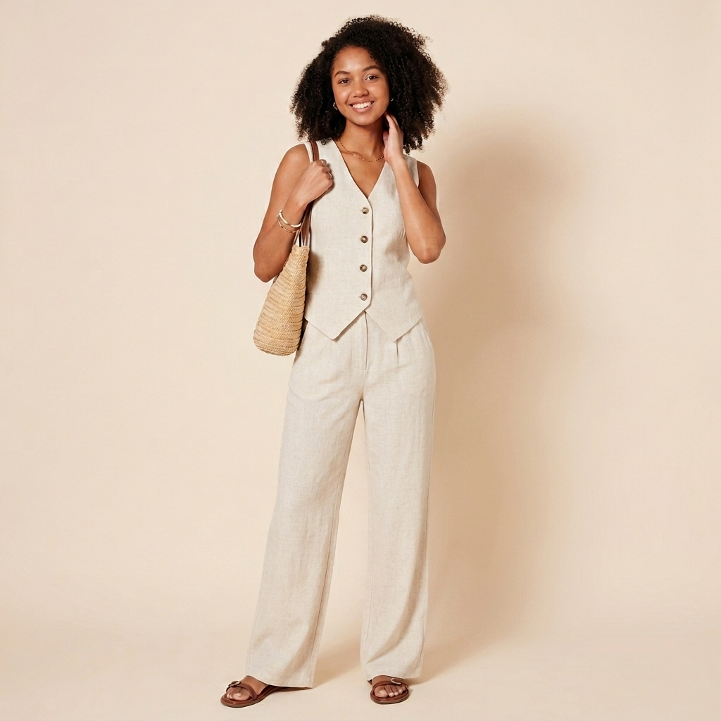 A full-body shot of a smiling woman in a beige tailored vest and matching high-waisted, wide-leg pants, holding a woven straw tote bag over her shoulder, standing on a light background.