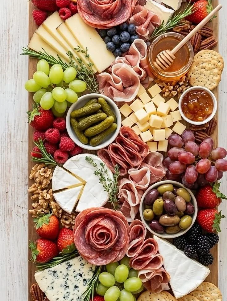 An overhead close-up view of a dense charcuterie board packed with salami roses, folded prosciutto, cubed cheese, fresh strawberries, raspberries, blackberries, green grapes, and a bowl of cornichons.