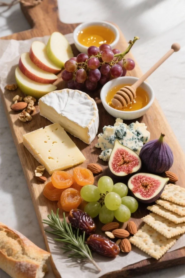 A beautiful party spread featuring multiple wooden charcuterie boards arranged together, overflowing with salami slices, assorted cheeses, fresh berries, grapes, crackers, and bowls of nuts and dips.