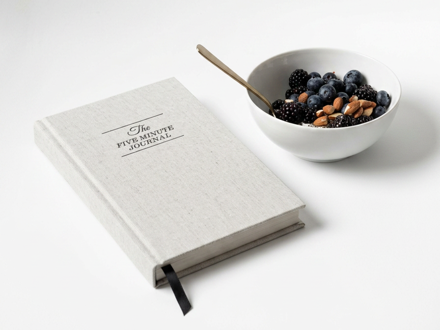 A white hardcover journal titled 'The Five Minute Journal' next to a white bowl of mixed berries and almonds with a spoon on a white surface.