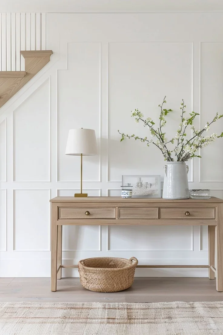 A light oak wood console table placed against a white paneled wall under a staircase, decorated with a brass table lamp, a white ceramic jug holding tall white blossom branches, and a round woven basket on the floor below.
