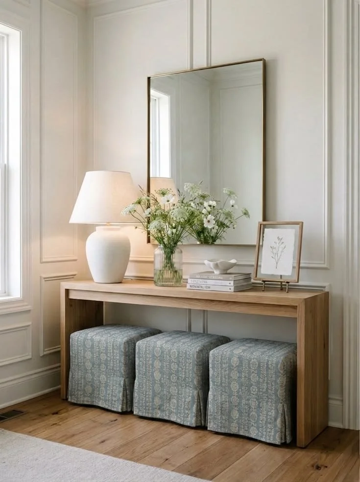 A natural wood waterfall console table with three blue and white block-print fabric storage cubes tucked beneath, styled with a tall brass-framed rectangular mirror, a white ceramic lamp, and white flowers in a vase.
