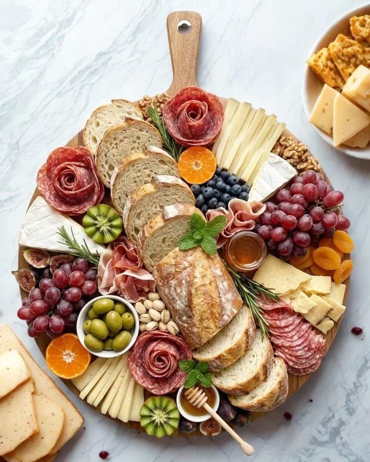 A round wooden charcuterie board styled with artisan bread slices down the center, meat roses made of salami, proscuitto ribbons, sliced kiwi, green olives, grapes, and a small jar of honey with a wooden dipper.