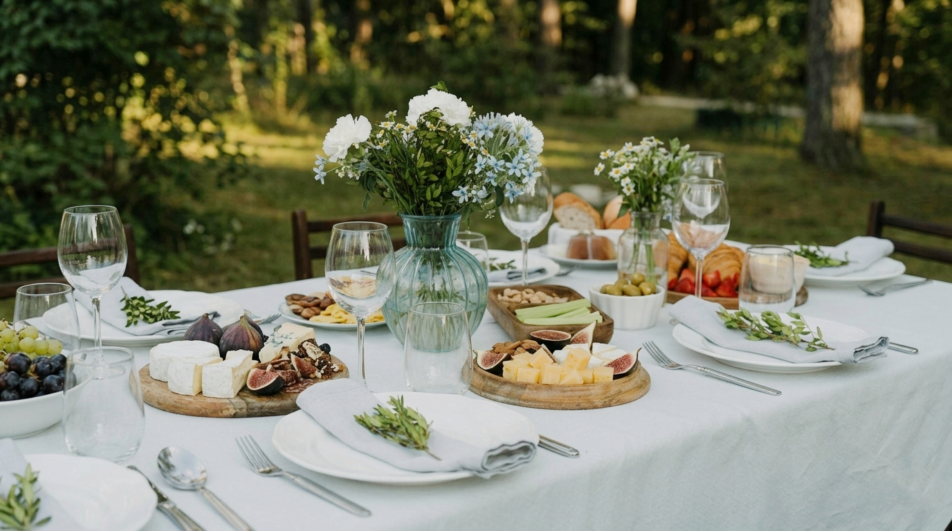 A set outdoor dining table with a white tablecloth, decorated with glassware, plates, cutlery, and floral centerpieces, set in a wooded outdoor area.