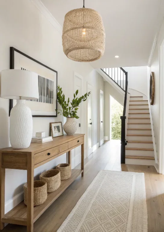 A long, bright hallway featuring a light wood console table styled with a large white textured lamp and small woven baskets on its bottom shelf, illuminated by a large woven rattan dome pendant light hanging from the ceiling.