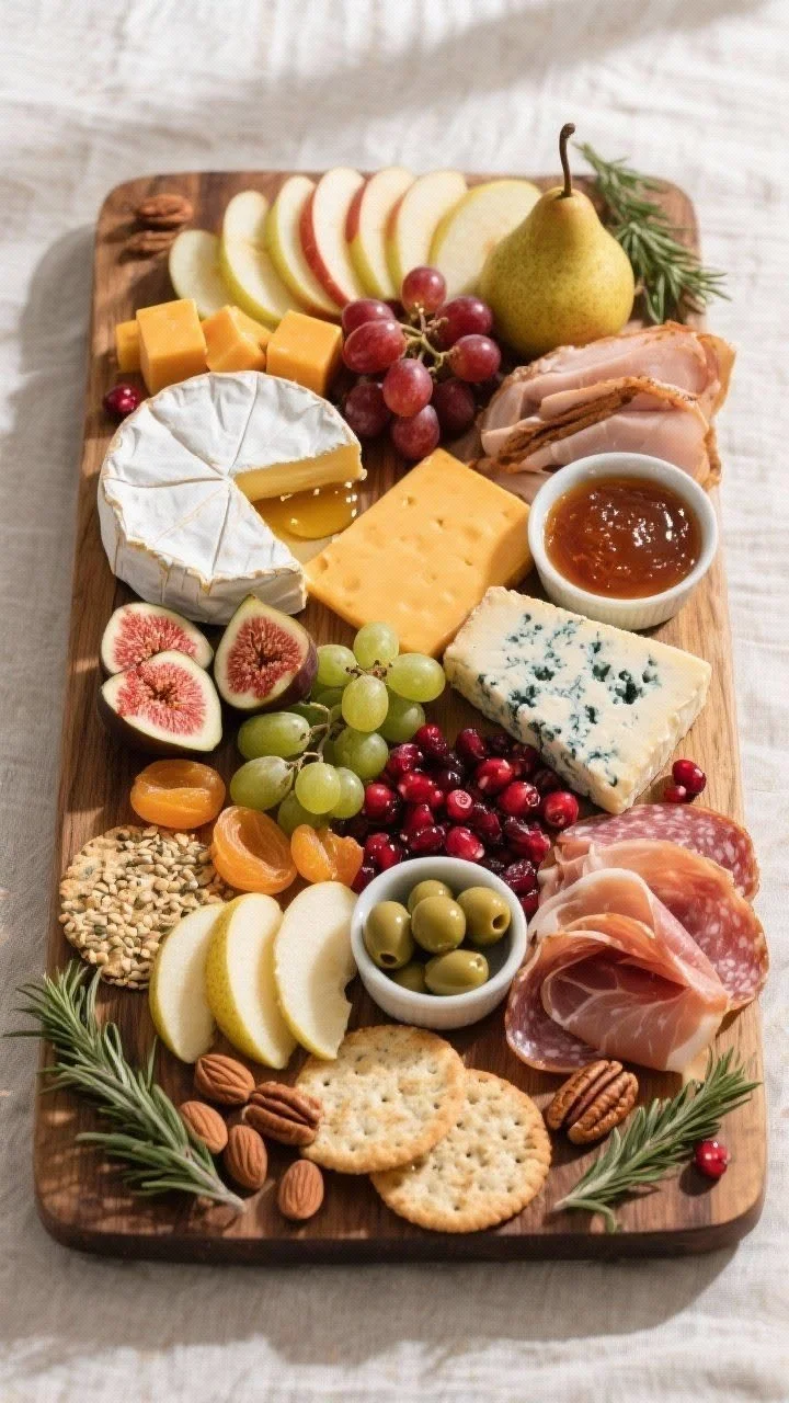 A rectangular wood charcuterie board featuring a sliced wheel of brie cheese, blue cheese, cheddar cubes, sliced fresh figs, green grapes, apple slices, a whole pear, prosciutto, and walnuts.