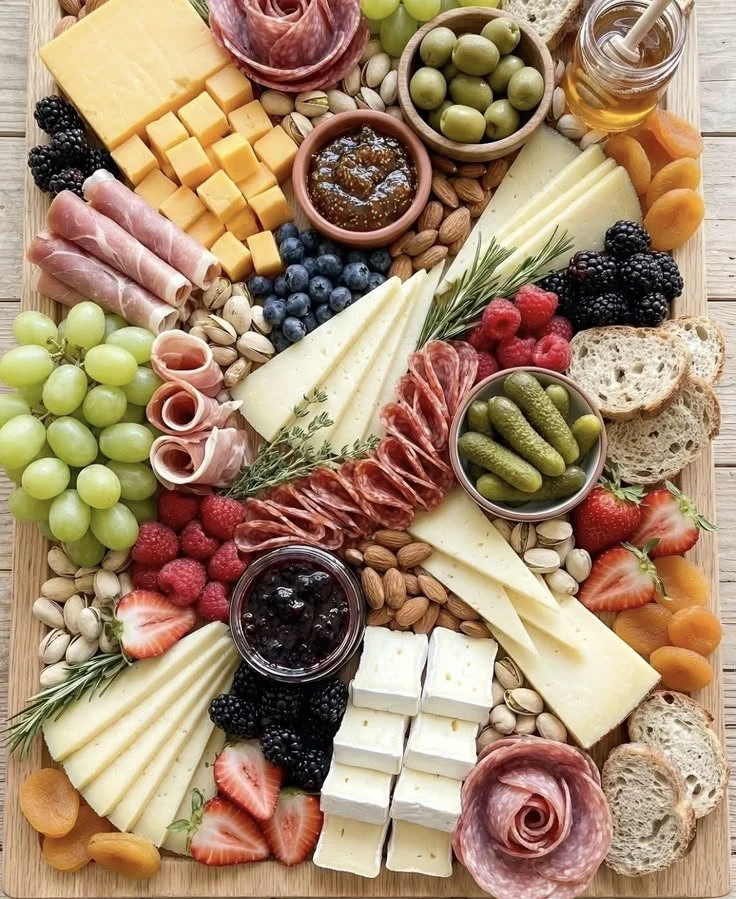 A large wooden grazing platter beautifully arranged with sliced brie, cheddar cheese triangles, pistachios, almonds, dried apricots, baguette slices, blackberries, and bowls of fig jam and green olives.