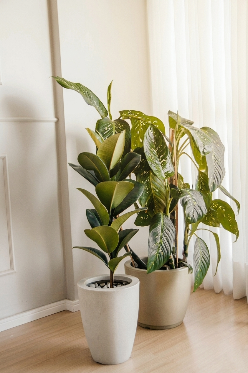 A rubber plant (Ficus elastica) in a white tapered ceramic planter next to a larger variegated Dieffenbachia in a beige pot, styled on light wood floors against a white wall with sheer curtains.