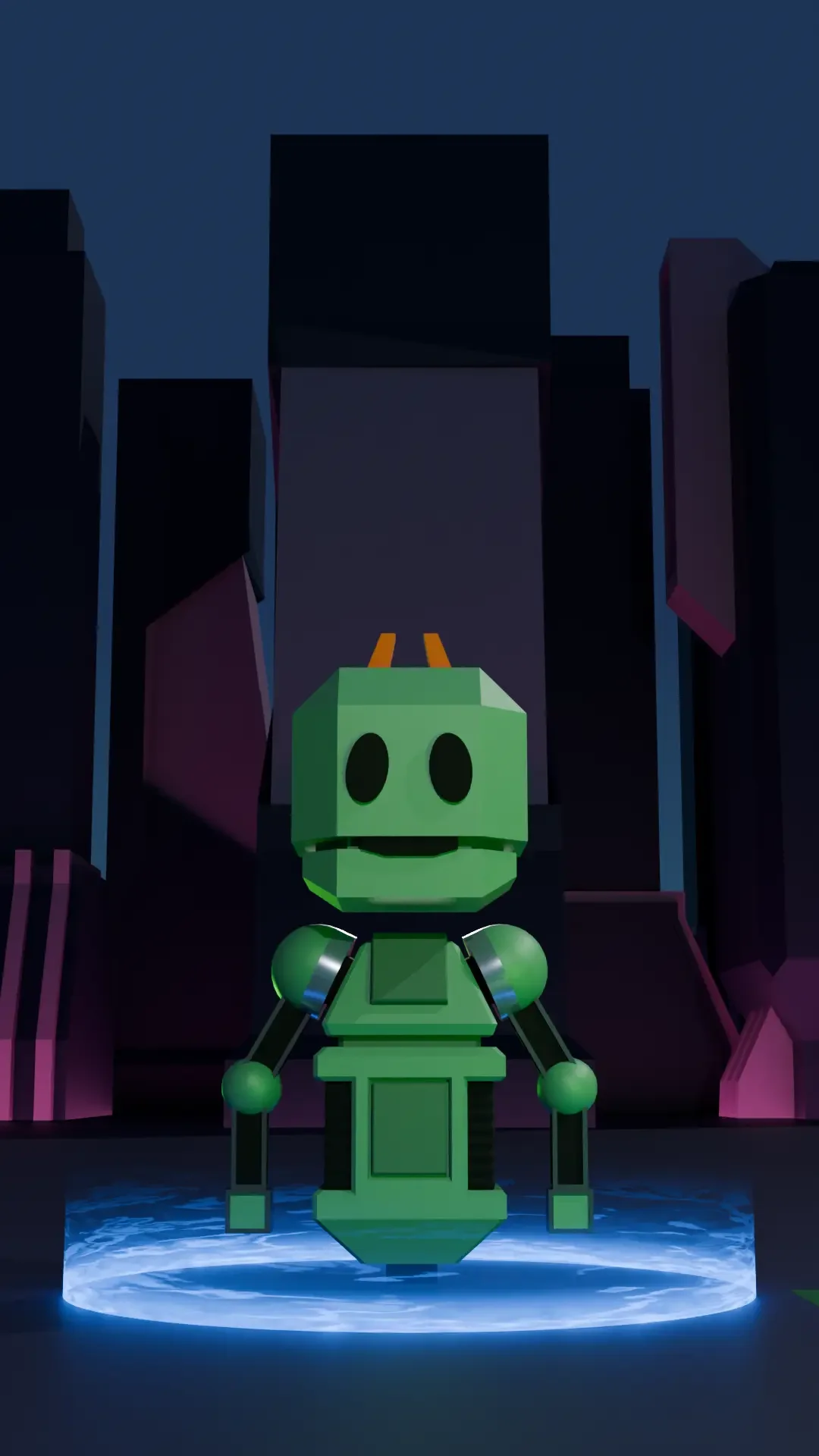 Digital rendering of a cartoonish green robot with a square head, round eyes, smiling mouth, and robotic arms, standing on a circular platform with a futuristic cityscape background.