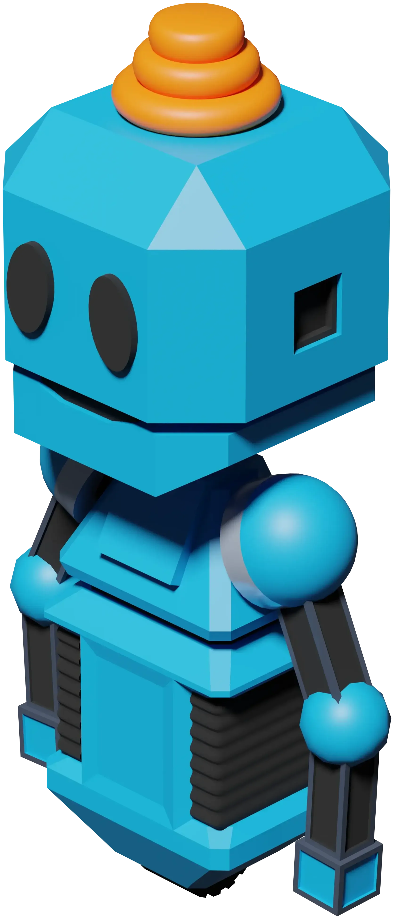 A blue and black robot with a square head, round eyes, and a spiral on top of its head.