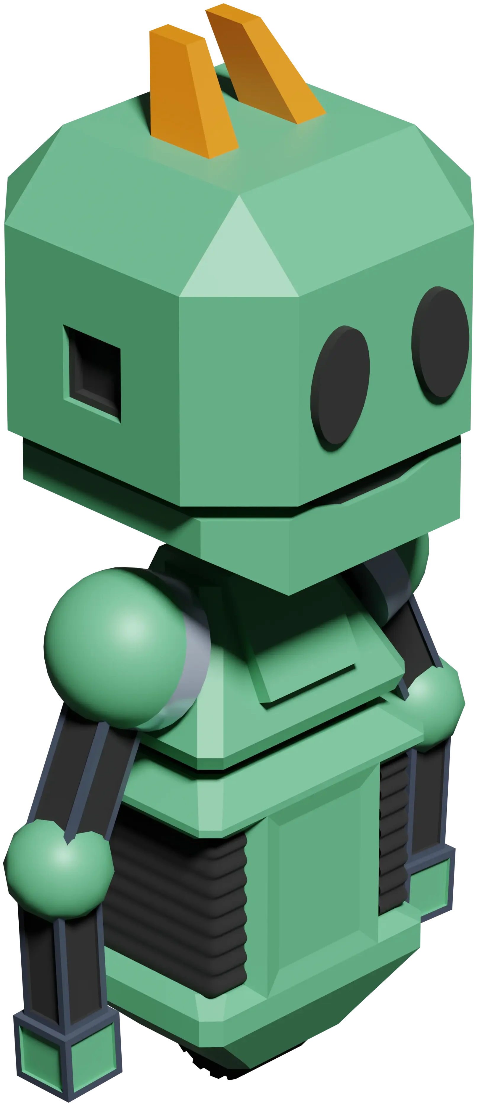 Green robot toy with a boxy head, antennae, and black eyes, standing on black tracks.