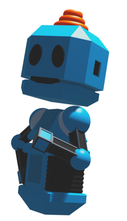 Cartoon robot with a blue body, holding a video game controller, and wearing a coil of orange earmuffs.
