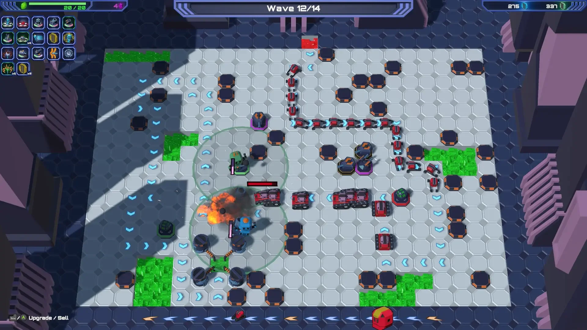 A screenshot of a tower defense video game showing various units, structures, and projectiles on a hexagonal grid map.