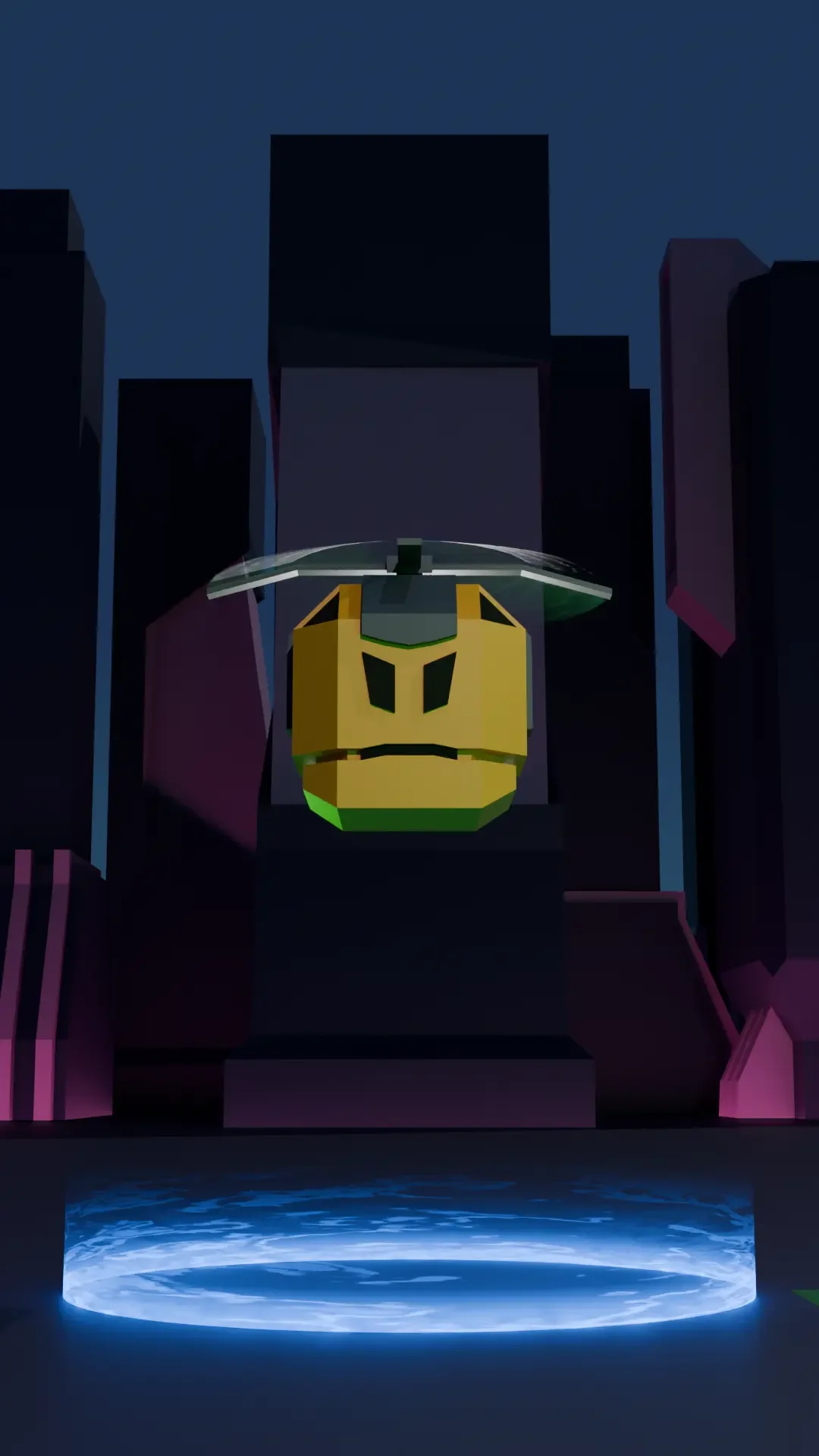 A yellow helicopter model displayed in a dark room with colorful abstract sculptures and a glowing water-like circle at the bottom.