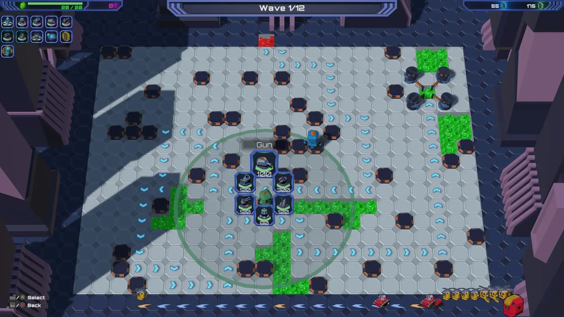 Screenshot of a tower defense video game with hexagonal grid map, various enemy units, and player-built defenses including green barriers, cannons, and turrets.