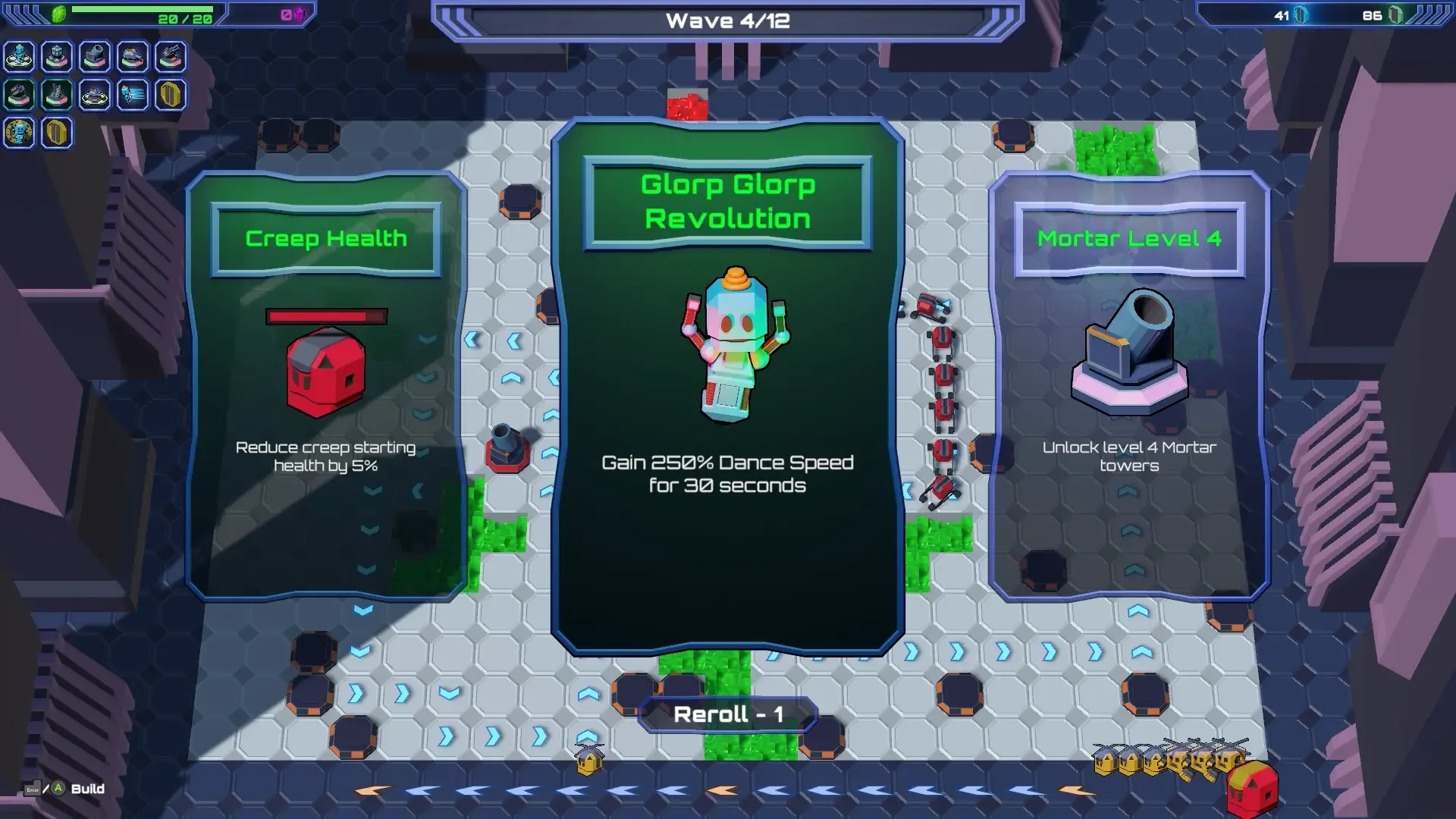 Screenshot of a tower defense game interface showing three upgrade options: Creepy Health, Glorp Glorp Revolution, and Mortar Level 4, with a central robot character and game information.