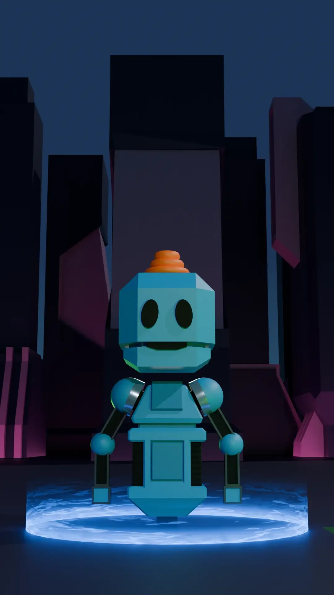 A digital artwork of a robot with a smiling face and orange hat, standing on a glowing circular platform surrounded by dark, abstract buildings with vibrant accents.