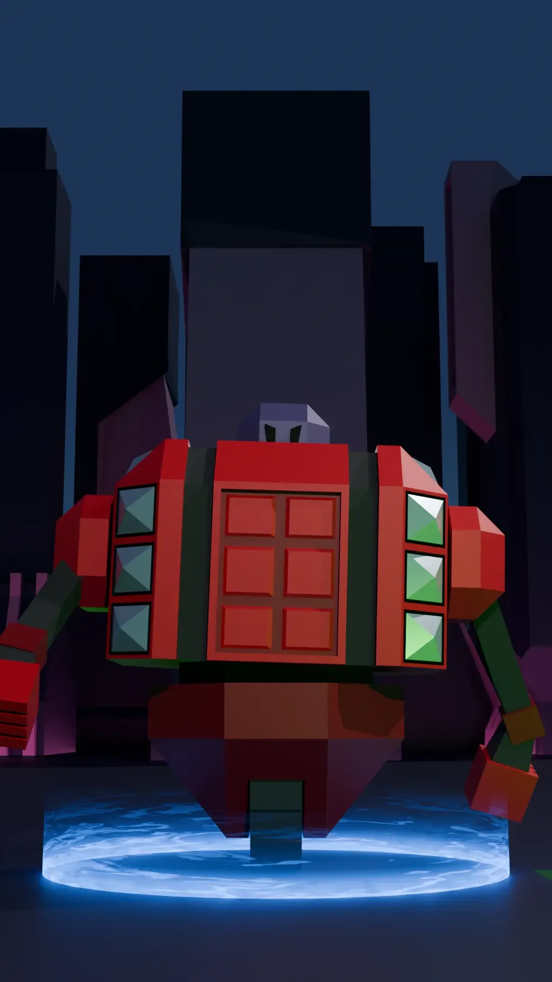 A video game-style robot with a red and green body, standing in front of tall, dark buildings at night, with a glowing blue circle beneath it.