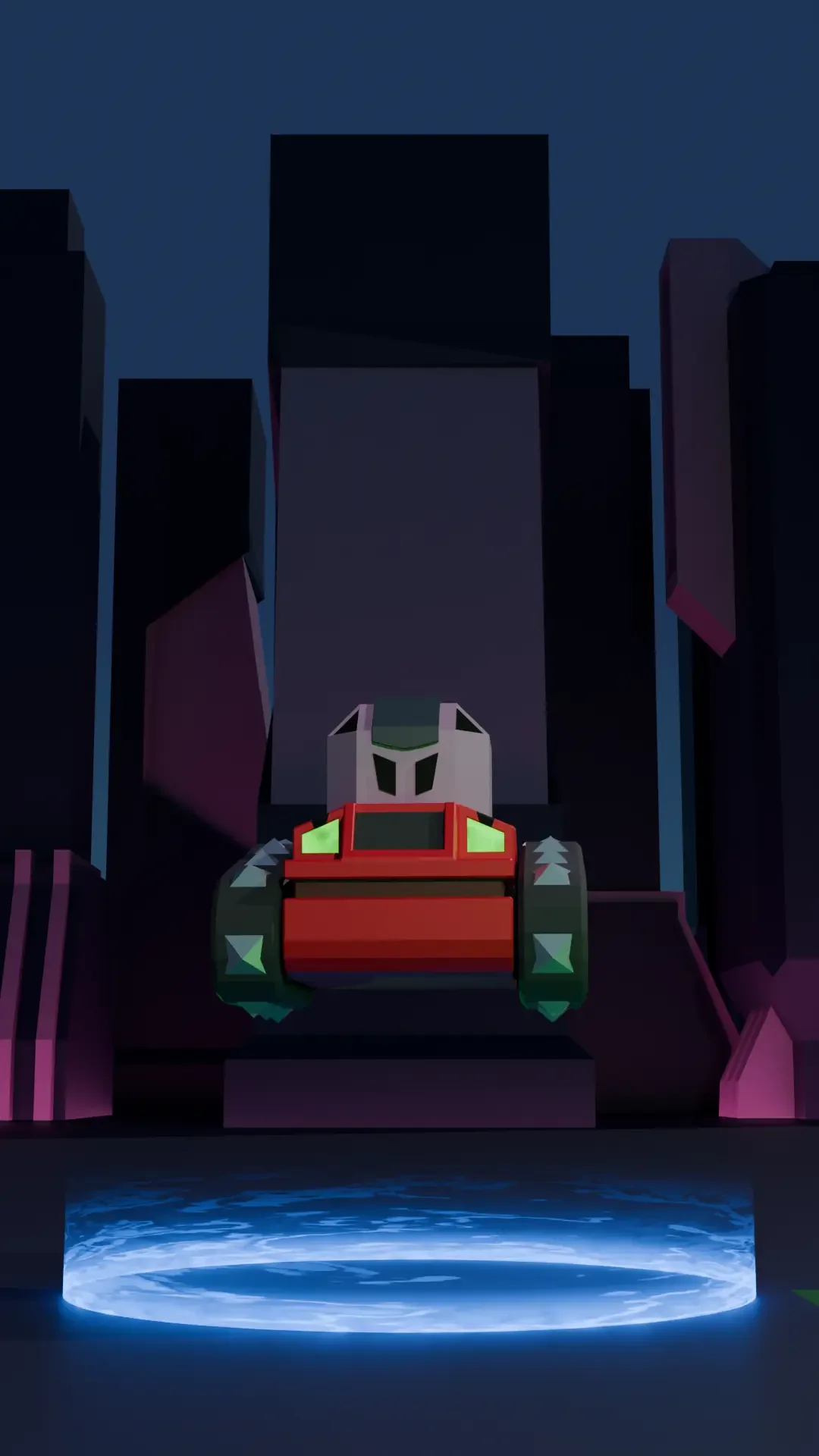 Digital art depicting a futuristic cityscape with a robotic vehicle in the foreground, set against tall abstract buildings and a glowing circular platform below.