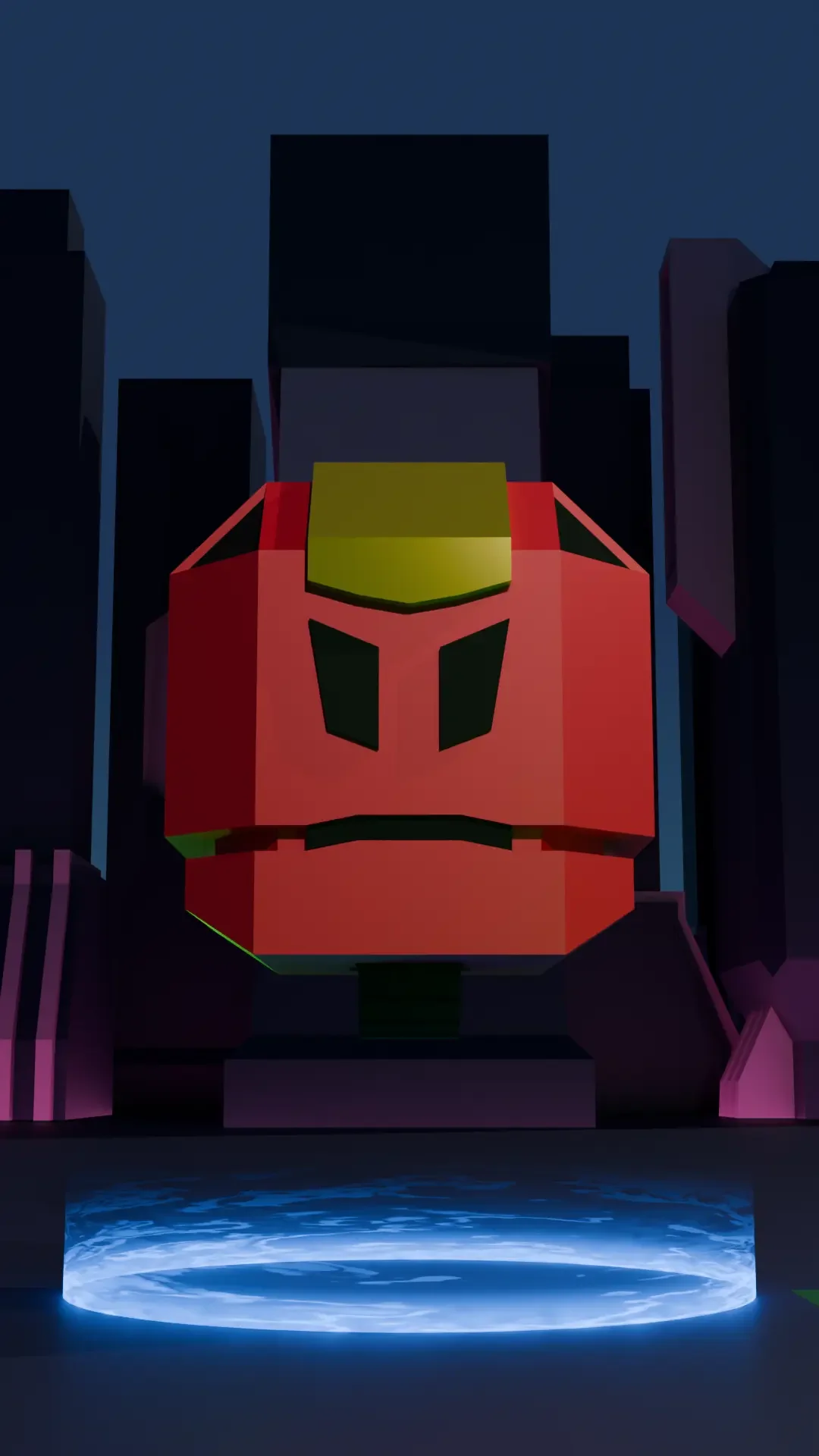 A large, blocky, stylized robot face with a red and green color scheme, set against a city skyline at night with dark skyscrapers and a glowing water feature in the foreground.