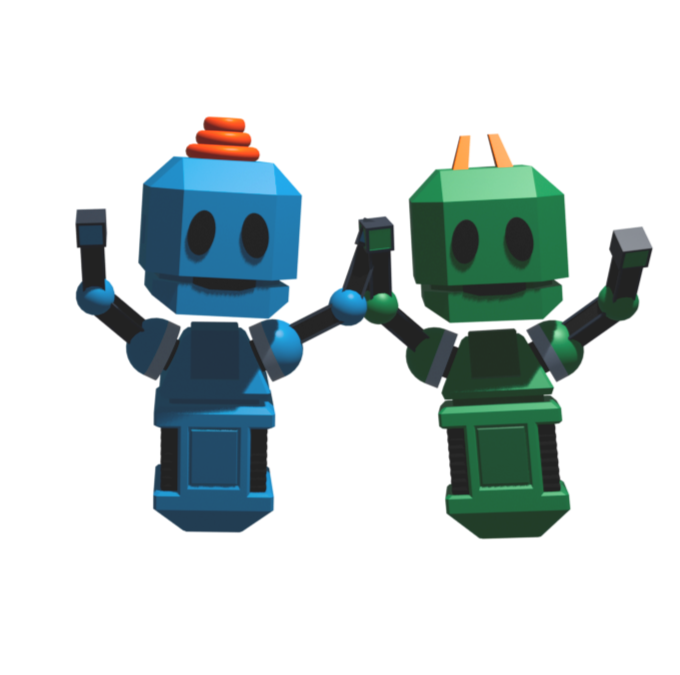 Two colorful toy robots, one blue and one green, with smiling faces and arms raised, held together by a small black object.