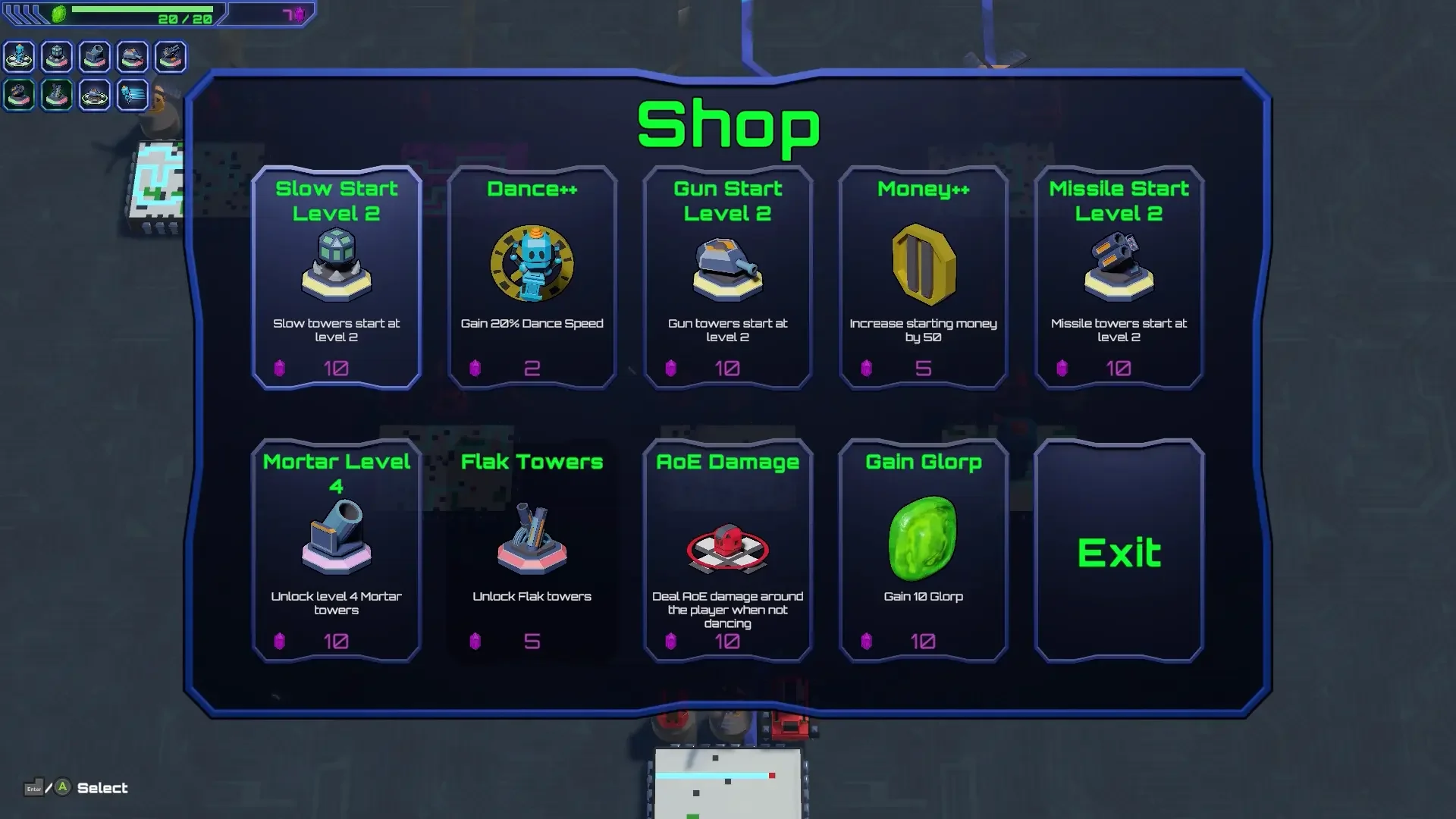 In-game shop menu showing various upgrade options and their costs, including level 2 defenses, movement speed, damage, and additional weapons with purple gem costs, and an exit button.