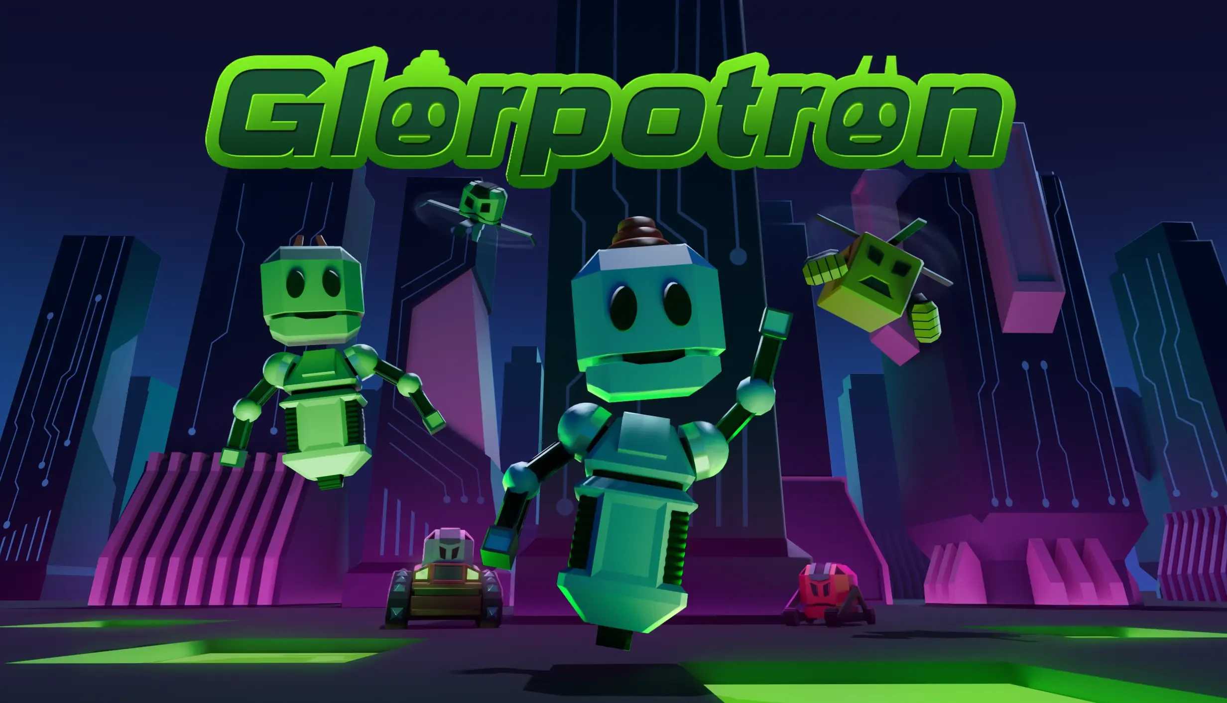 Animated scene with pixelated robots in a cityscape at night, with glowing neon green text that reads 'dAeroPoten' at the top.