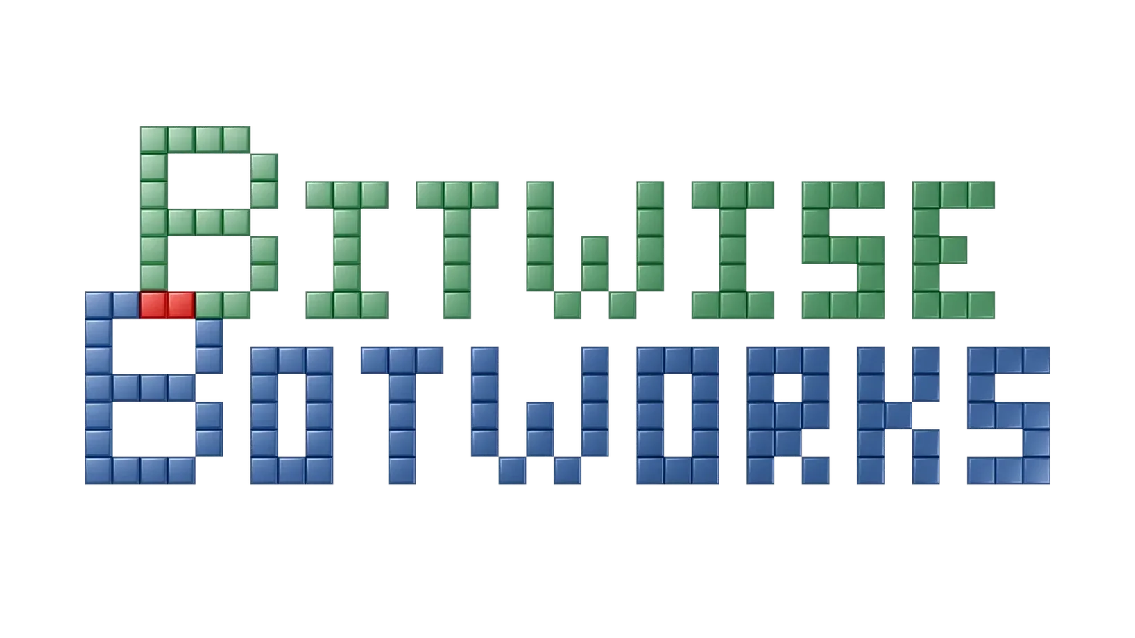 Text graphic with the phrase 'Bitwise Botworks' written in puzzle piece letters, with a red puzzle piece in the 'B', on a black background.