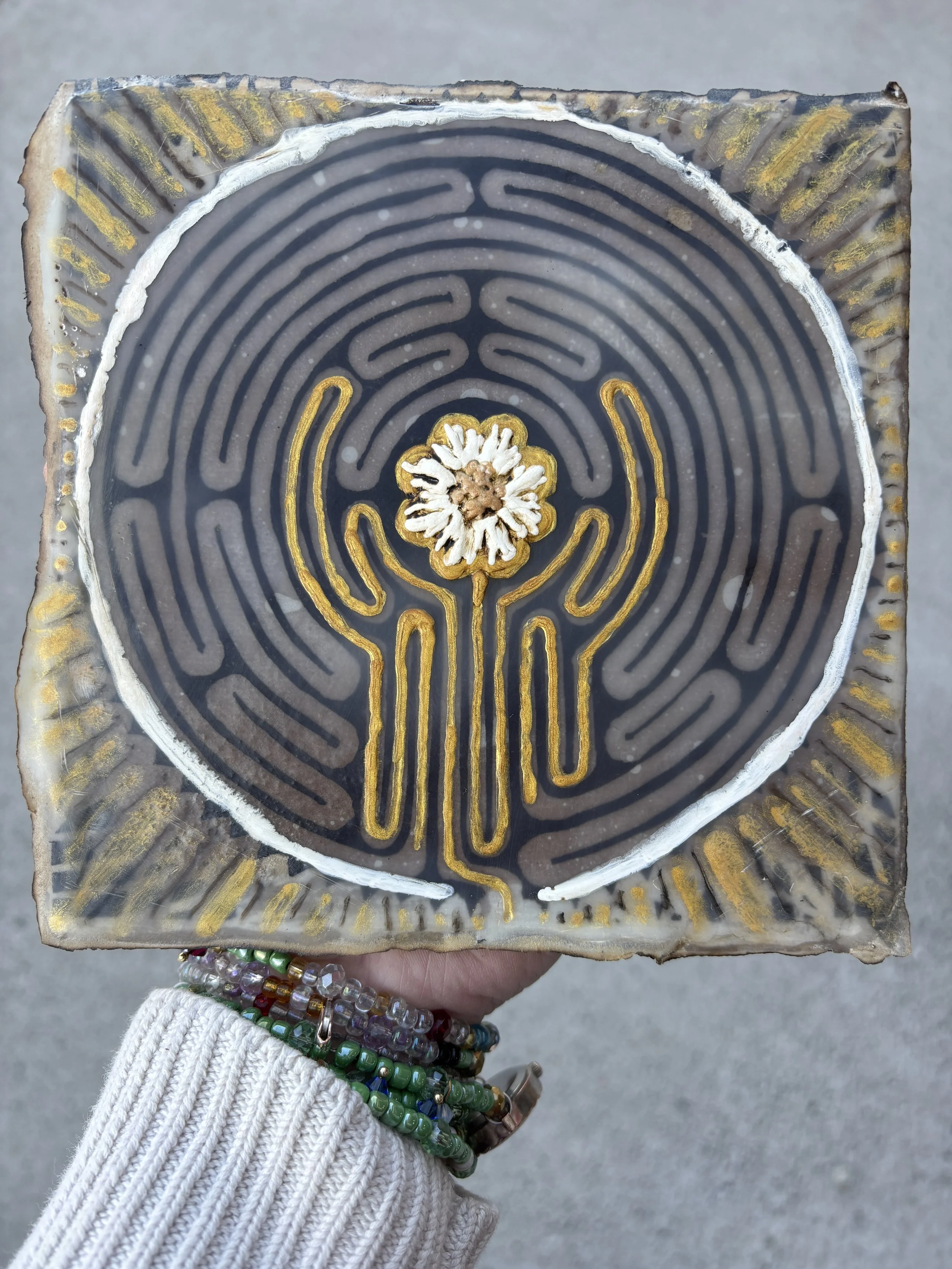 "Garden Labyrinth Daisy"
Mixed Media Encaustic
6x6 in.
COMMISSION