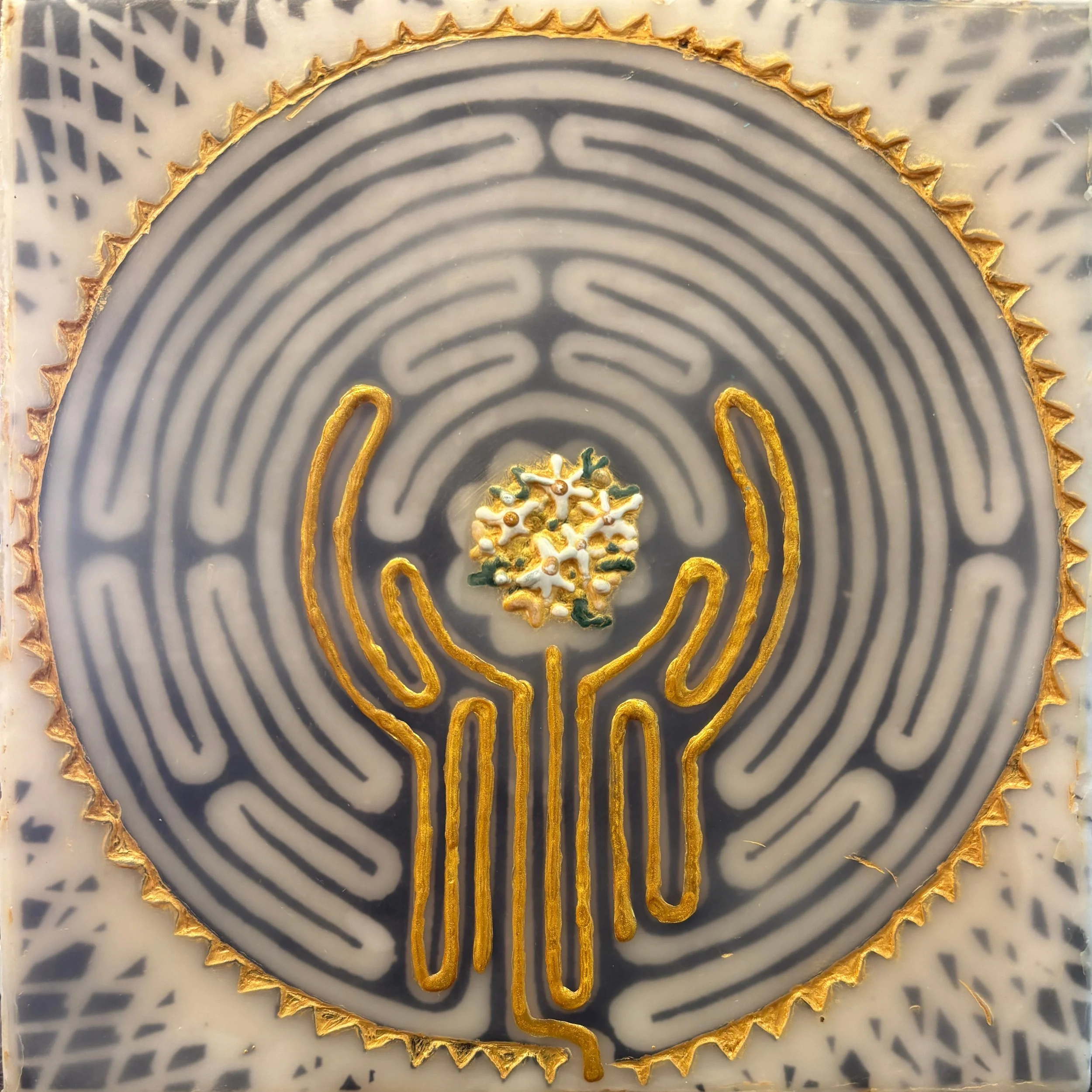 "Garden Labyrinth Six"
Mixed Media Encaustic
6x6x1.625 in.